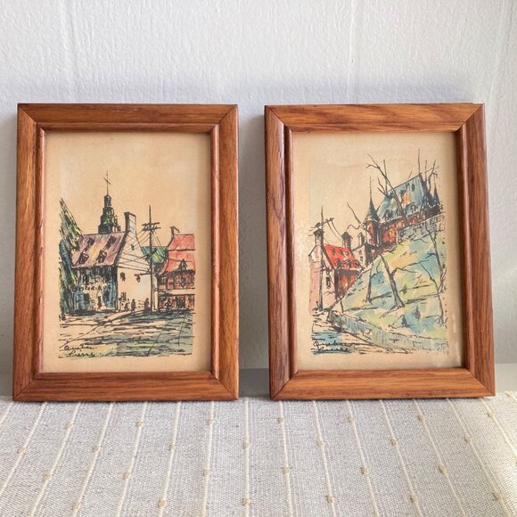 Set Of 2 Paintings Quebec Scene Small Mini Artwork Aged Patina Cottage Signed - Picture 1 of 14